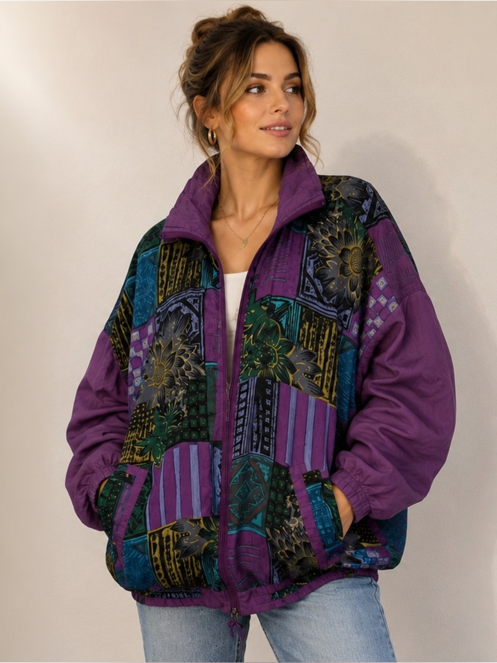 Vintage 100% Silk Windbreaker Multicolor purple